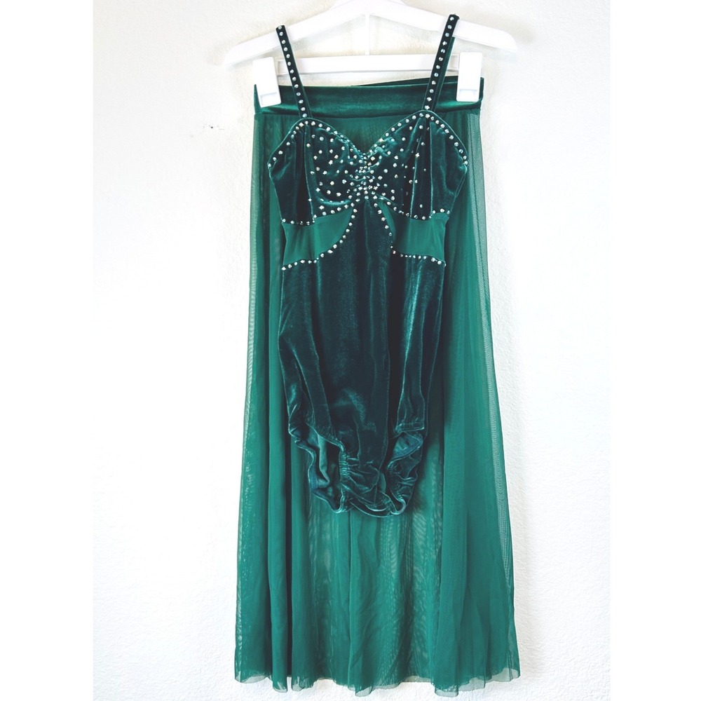 Green Velvet Rhinestone Leotard and Mesh Maxi Skirt Dance Costume Set SZ S